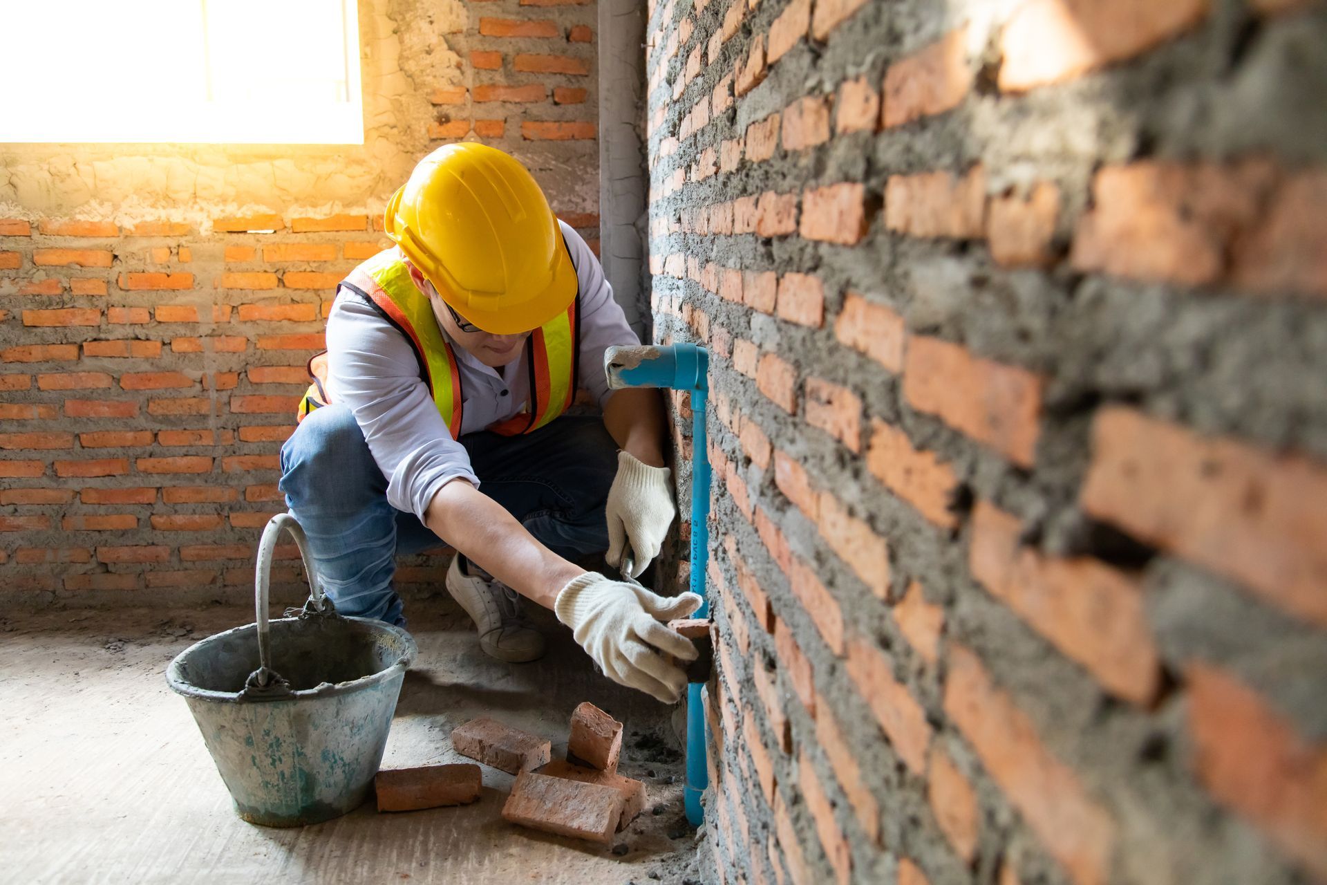A construction worker in a yellow hard hat and high-vis vest kneels to work on a pipe against an unfinished brick wall.