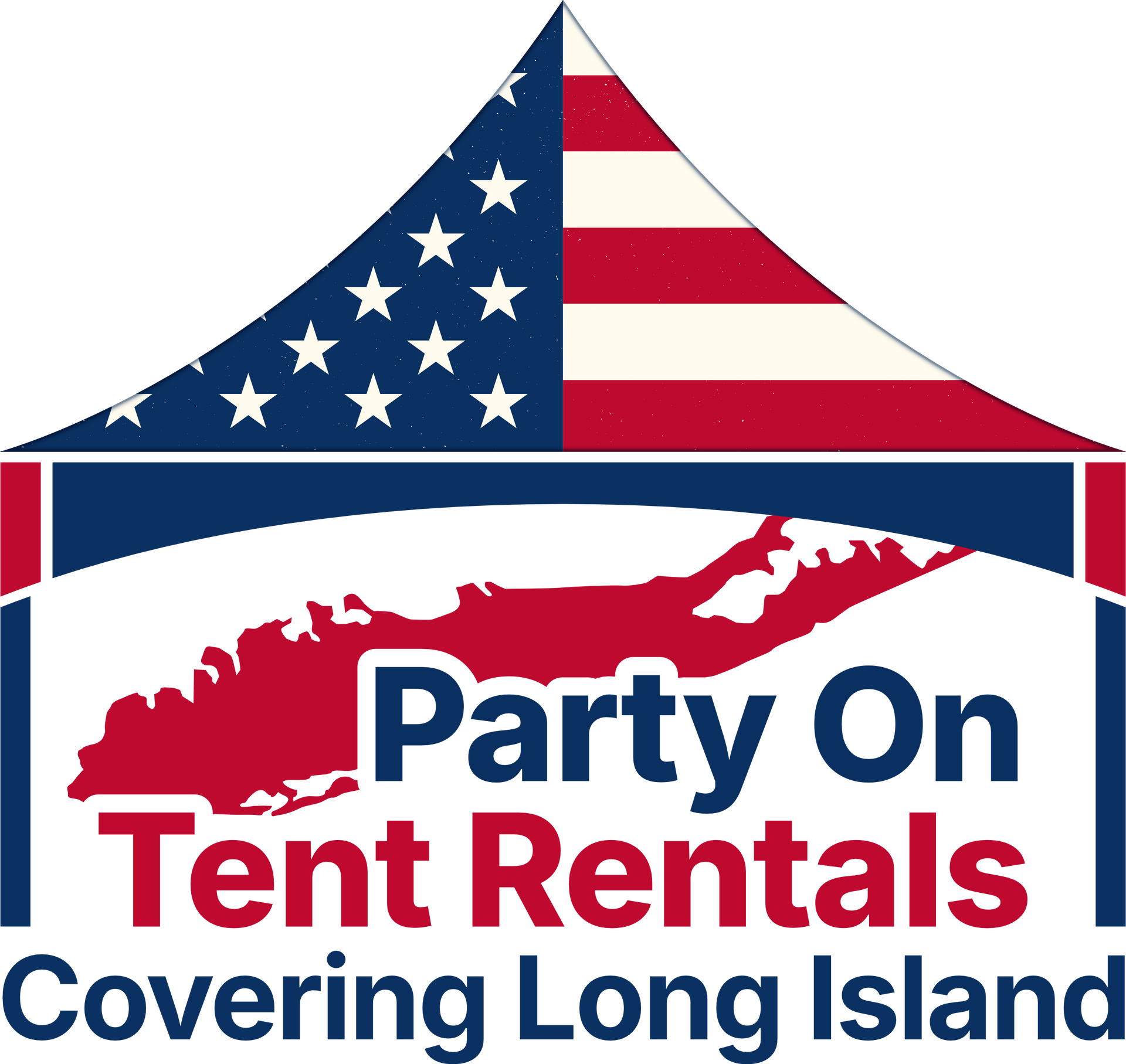 A logo for party on tent rentals covering long island
