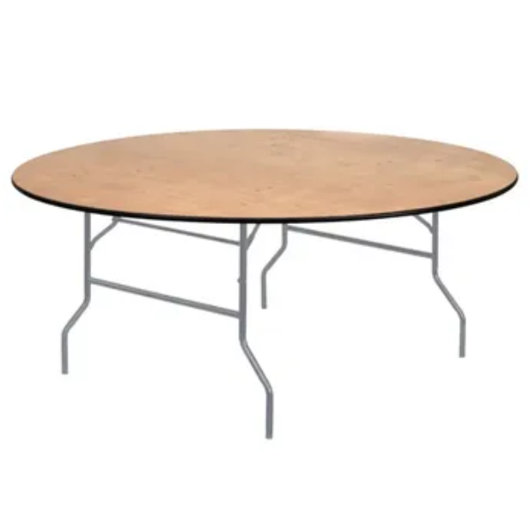 A round wooden table with metal legs on a white background.