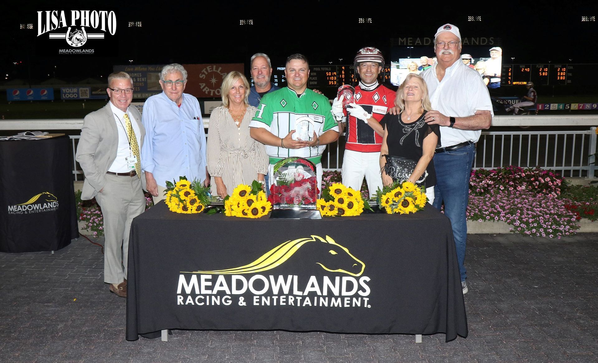 The winning connections celebrating their first-ever triumph in the Grade 1 Meadowlands Pace after Brandon Blvd’s 1:48.1 victory. Lisa Photo.