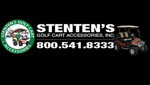 Stenten's Golf Cart Accessories logo with a golf cart illustration and a red golf cart on black background.
