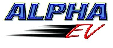 Alpha EV logo in blue and red with speed lines.