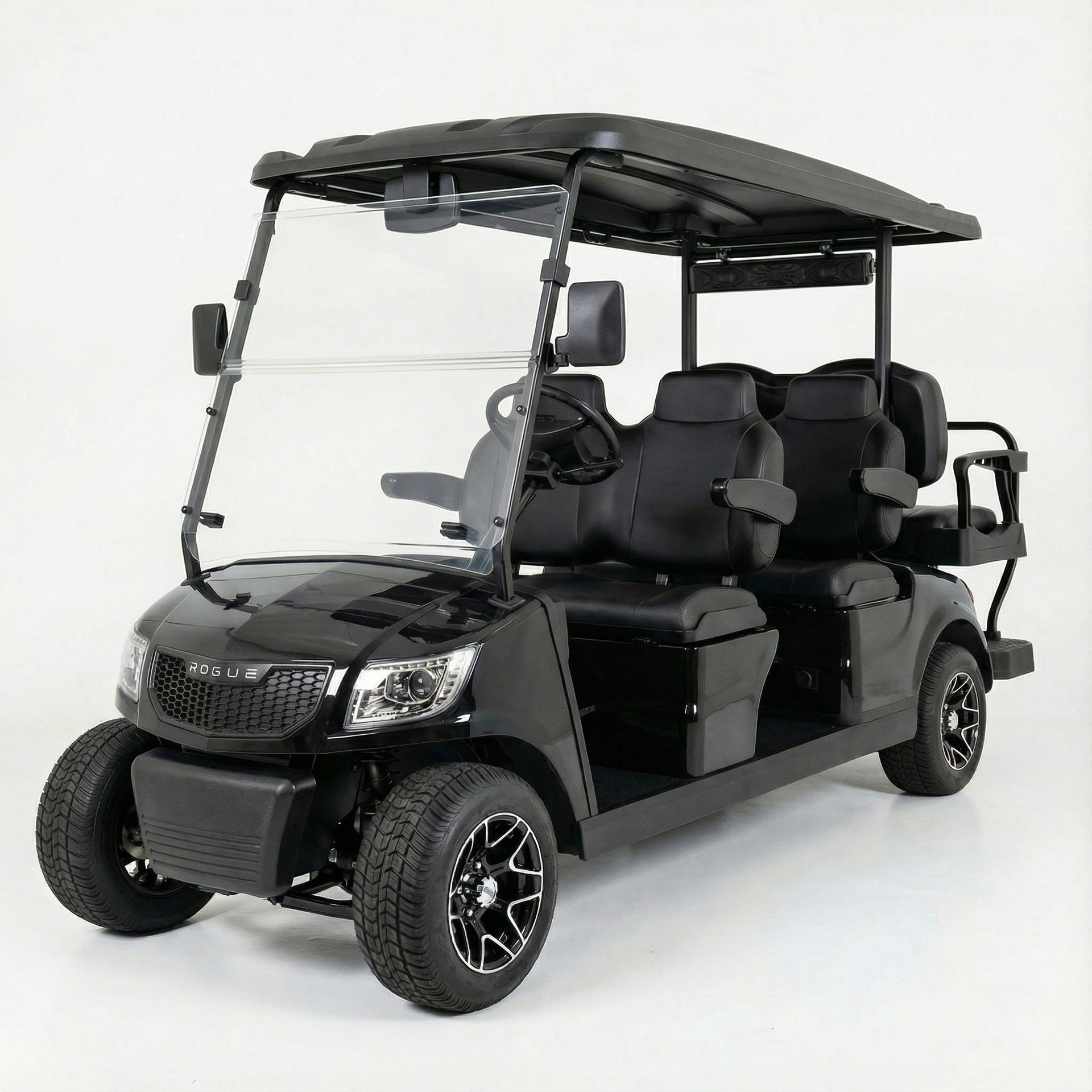 Black six-seat golf cart with windshield, roof, and black seats.