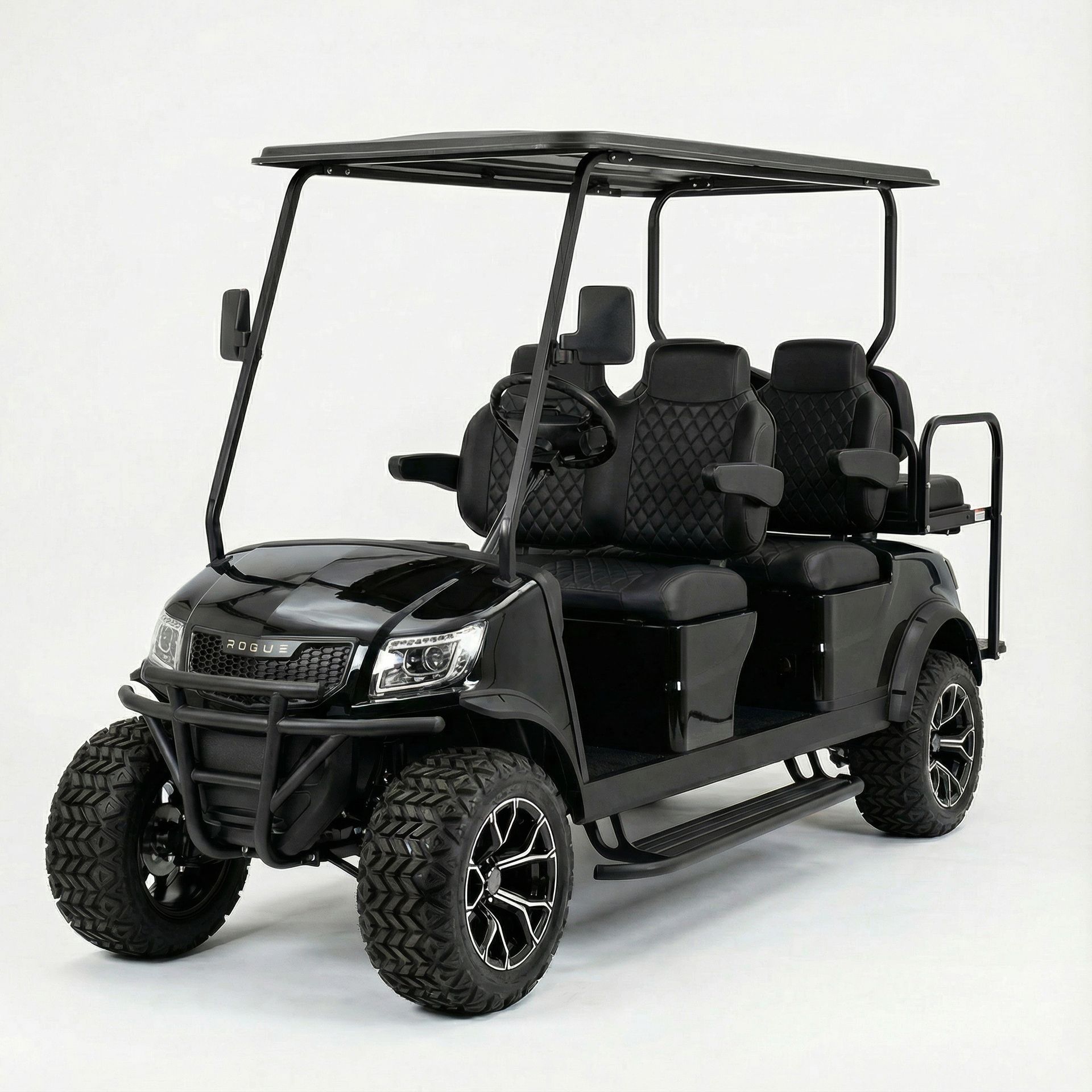 Black golf cart with off-road tires, seats four, under a canopy, in a studio setting.