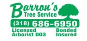 Barron&rsquo;s Tree Service logo with green tree graphic, phone number, and licensed, bonded, insured text