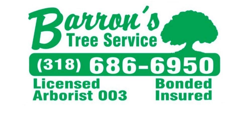 Barron’s Tree Service logo with green tree graphic, phone number, and licensed, bonded, insured text