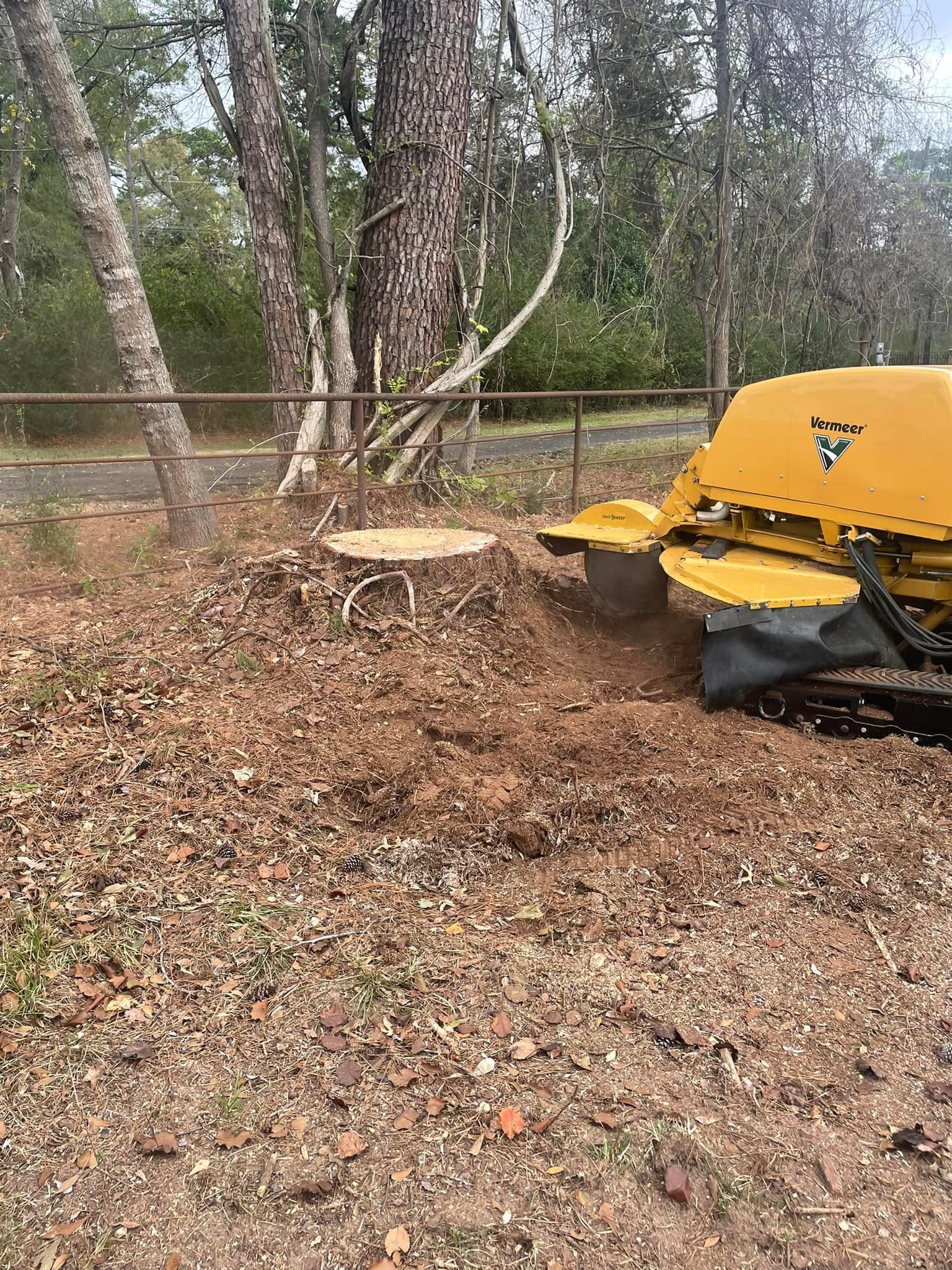 Yellow wood chipper blowing a large pile of leaves beside a fenced wooded area