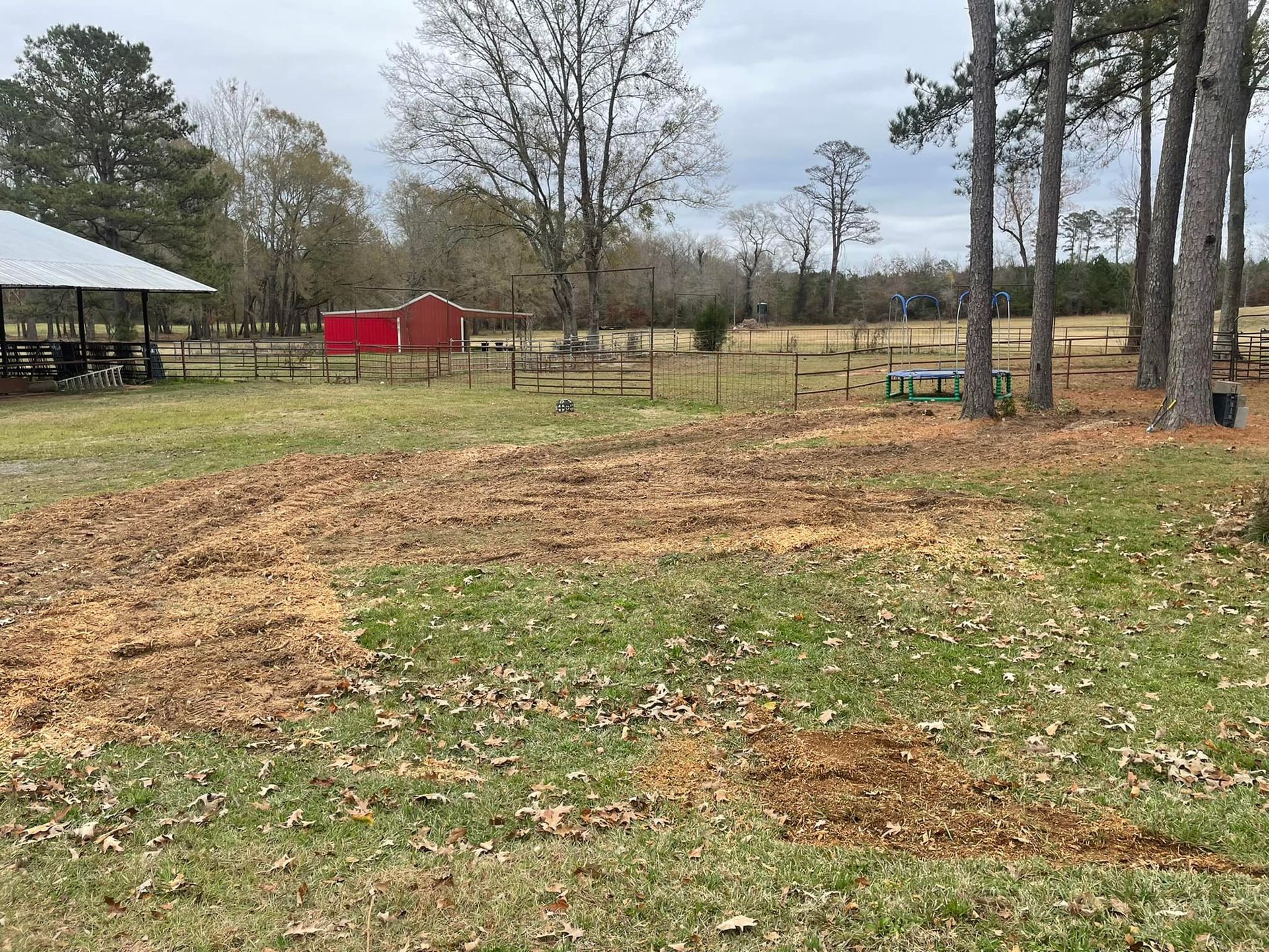 Leaf-covered fenced yard with a red shed, trees, and a covered pavilion under a gray sky.