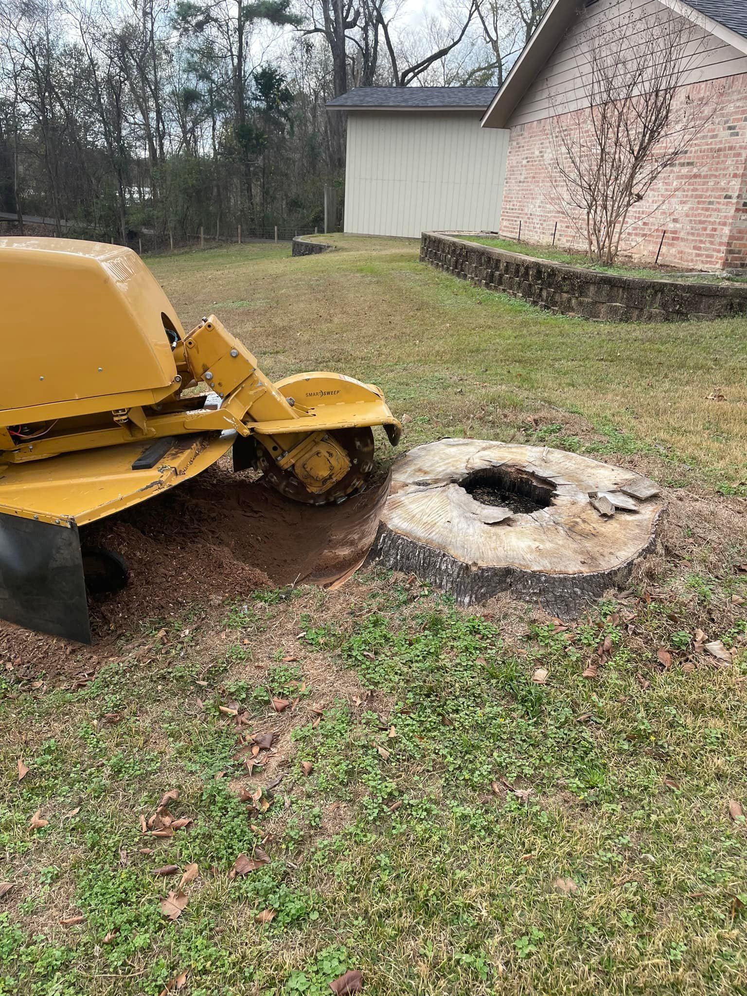 Yellow utility machine beside a yard, next to a large tree stump near a house