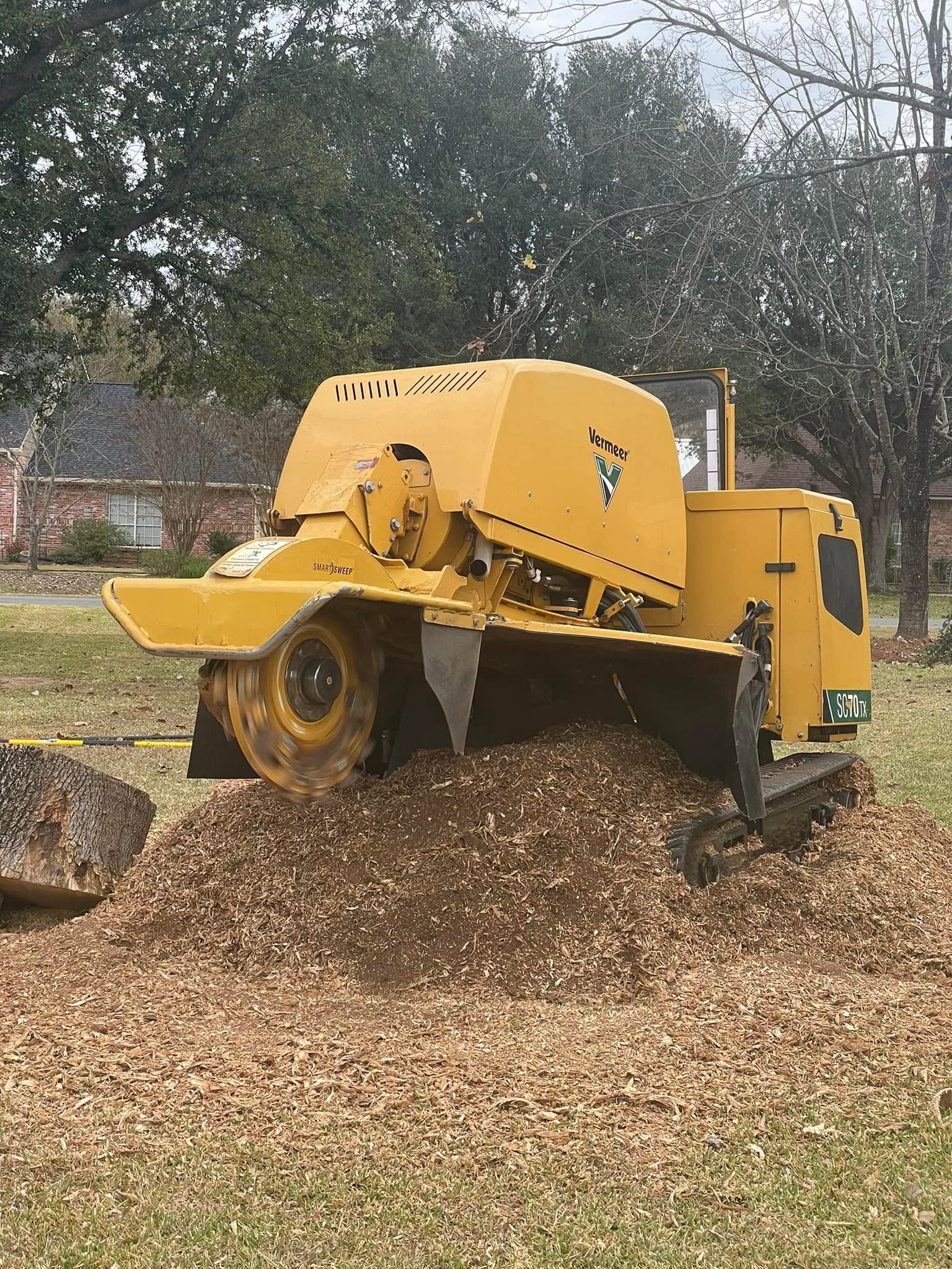 Yellow wood chipper dumping a pile of wood chips outdoors under trees.