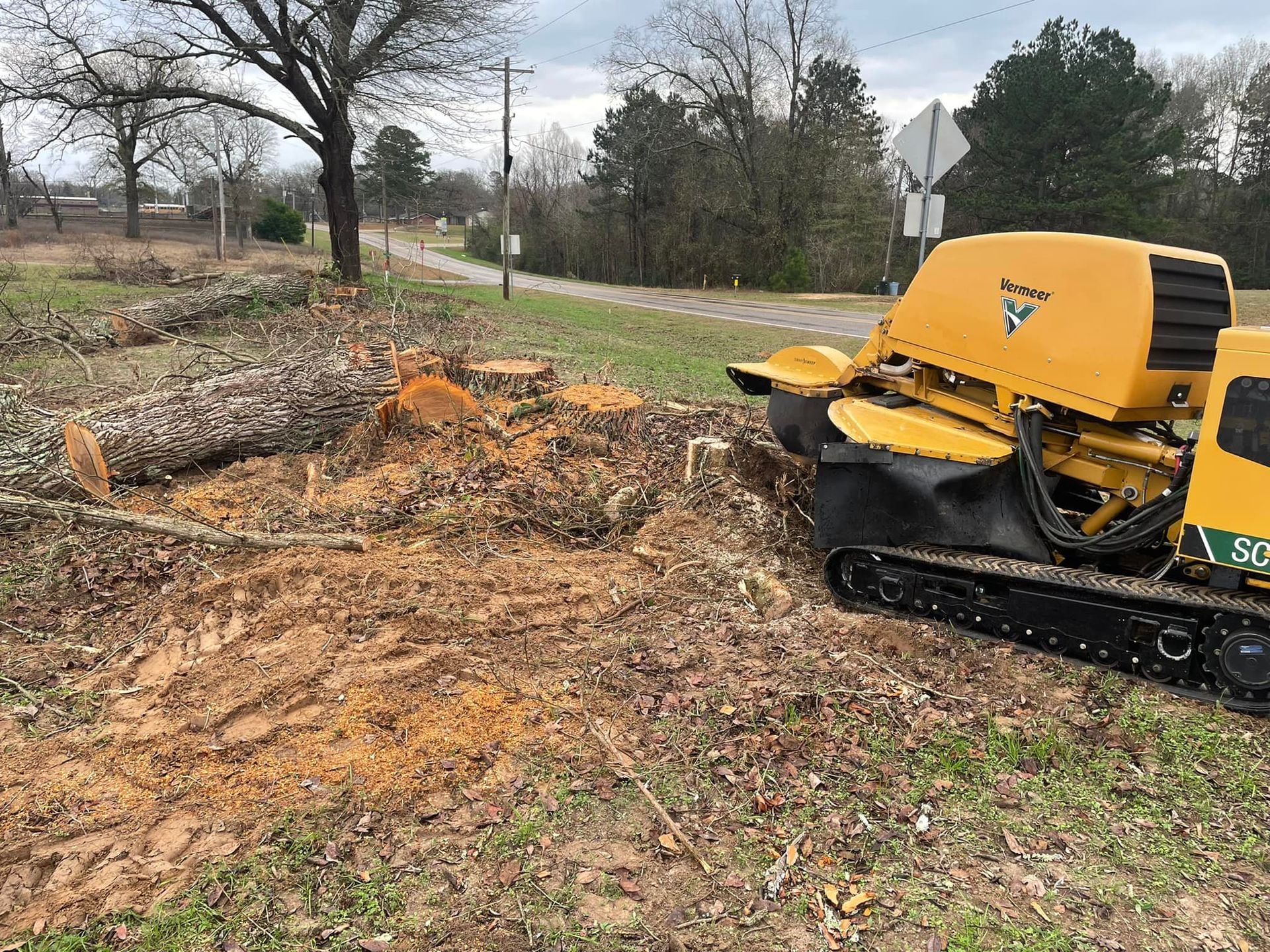 Yellow tracked stump grinder clearing a fallen tree in a muddy roadside yard