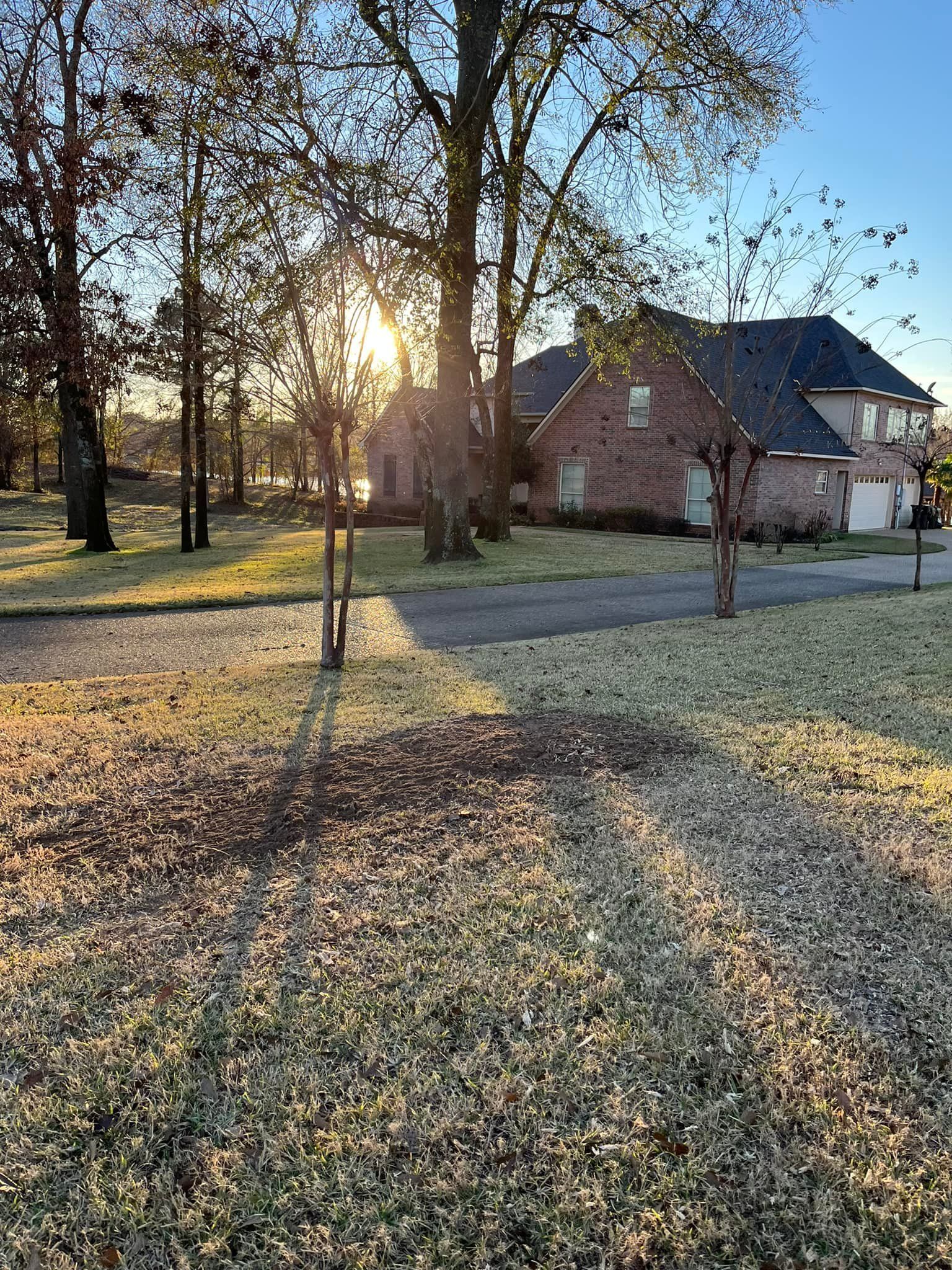 Sunlit brick house with trees and a frosty yard at dusk