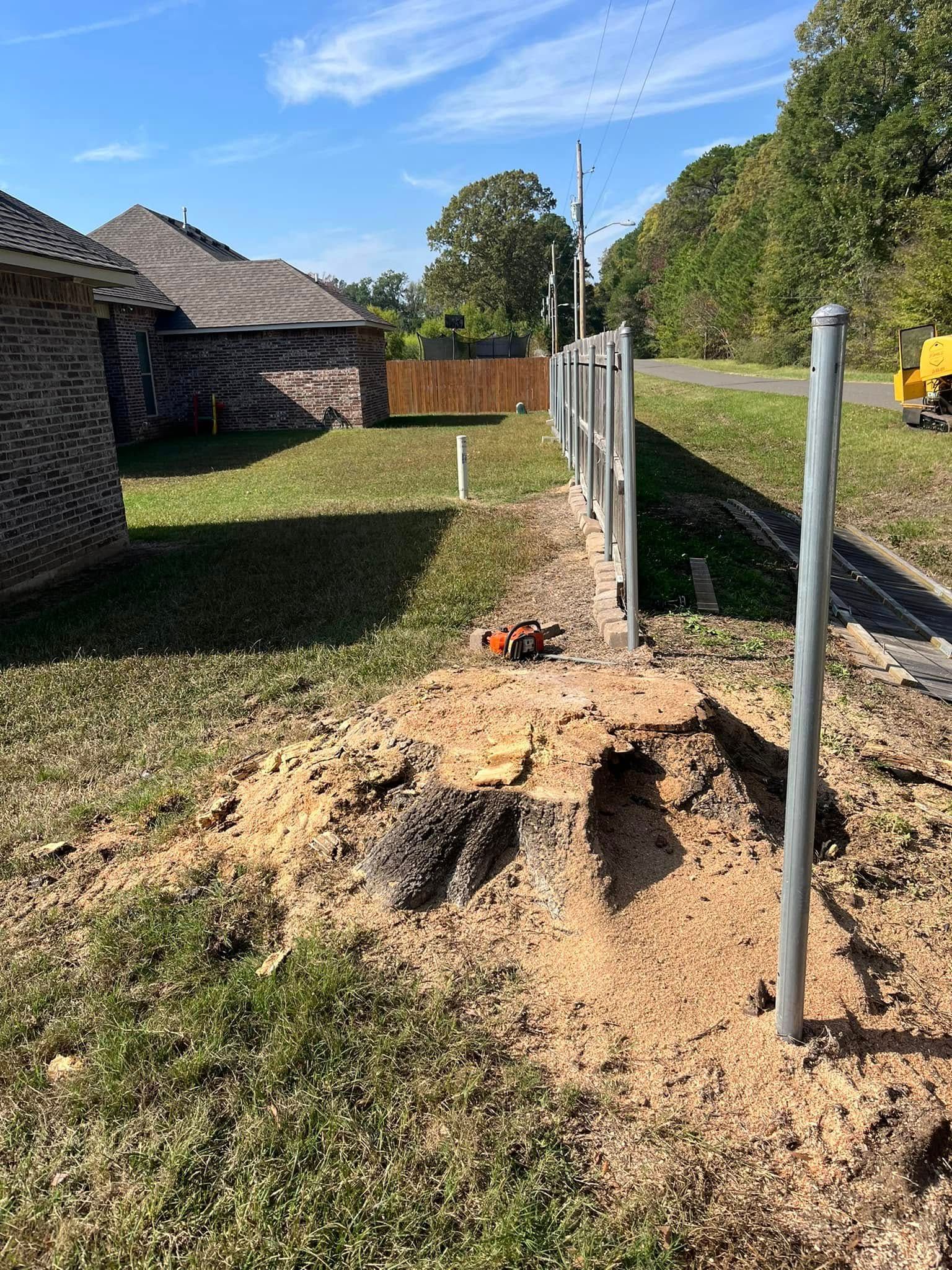 Backyard with a freshly cut tree stump, fence posts, grass, and a paved road beside a stone house.