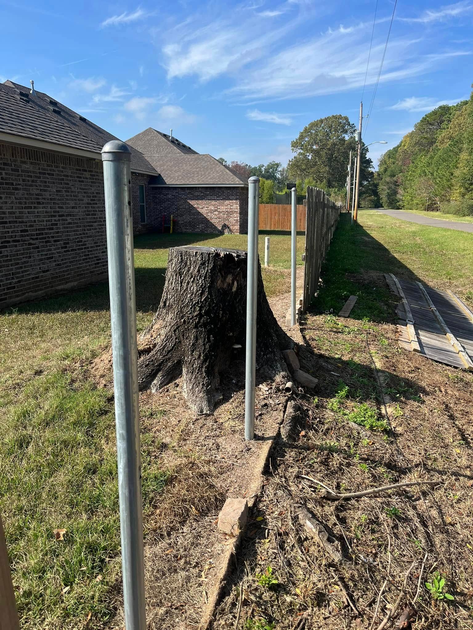 Tree stump beside metal posts along a grassy path near brick buildings under a blue sky