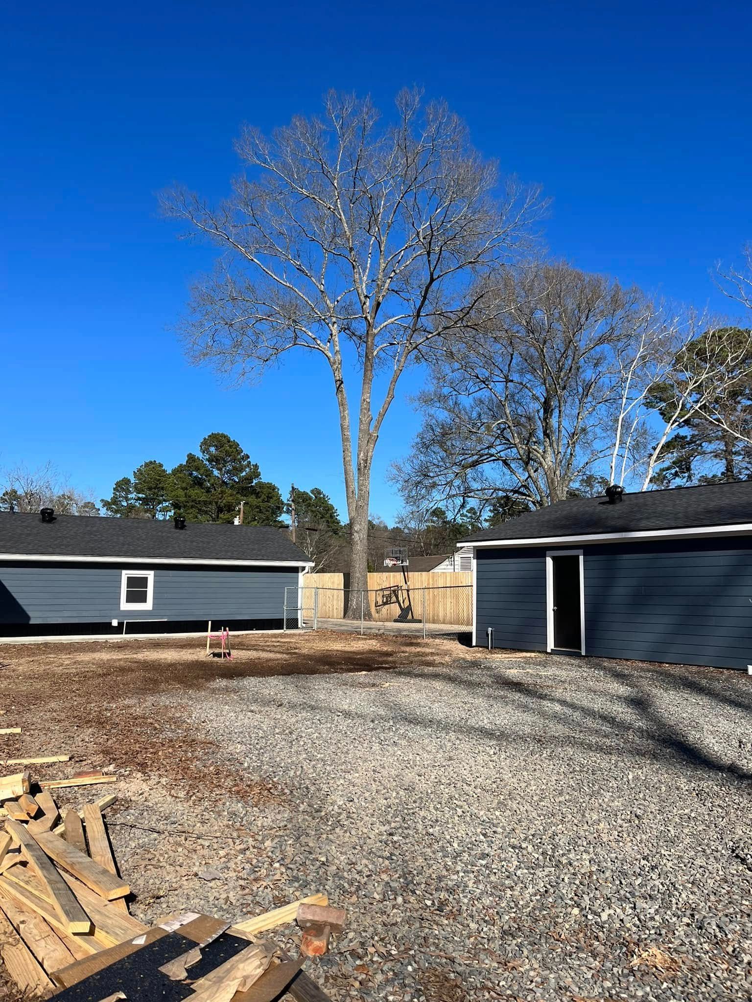 Gravel driveway between dark gray buildings under a bright blue sky, with tall leafless trees in back