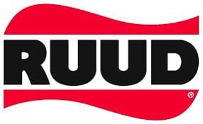 A red and black logo for ruud on a white background.