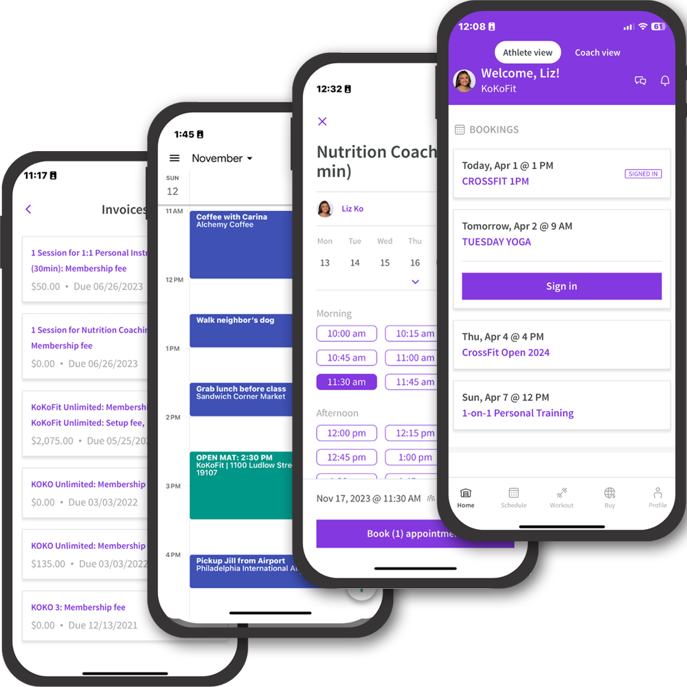 Four mobile app screens showcasing invoices, calendar, nutrition coaching, and appointments with a purple and white color scheme.