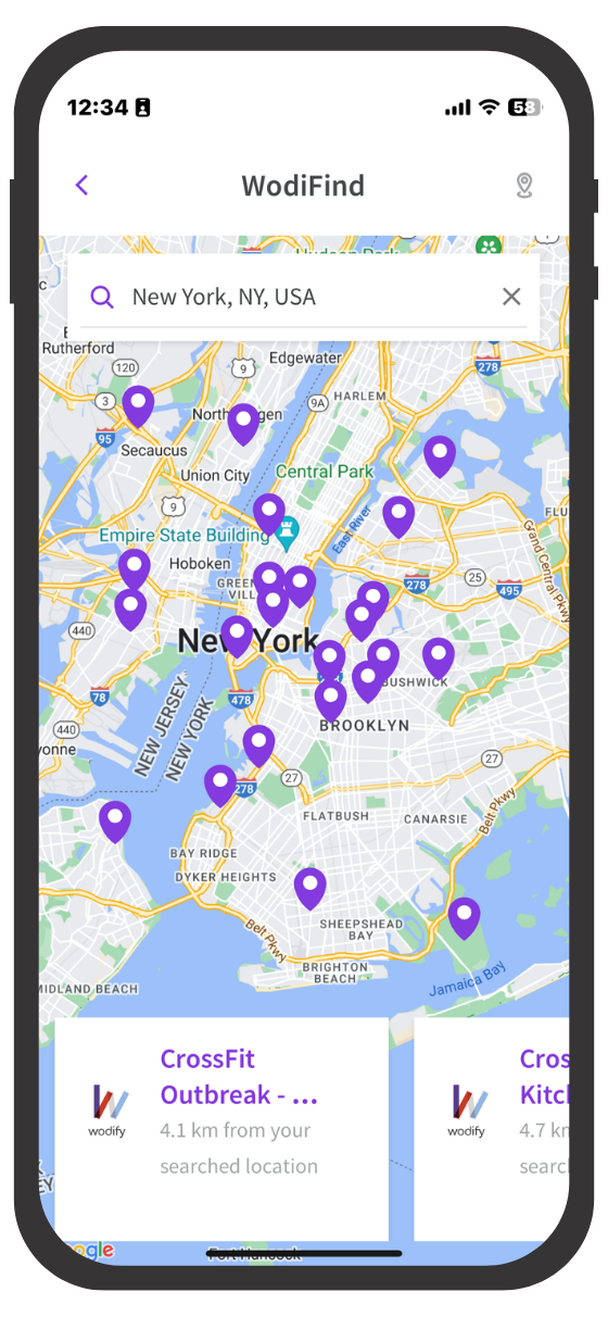 A phone displaying a map of New York City with numerous purple location markers. The app is named
