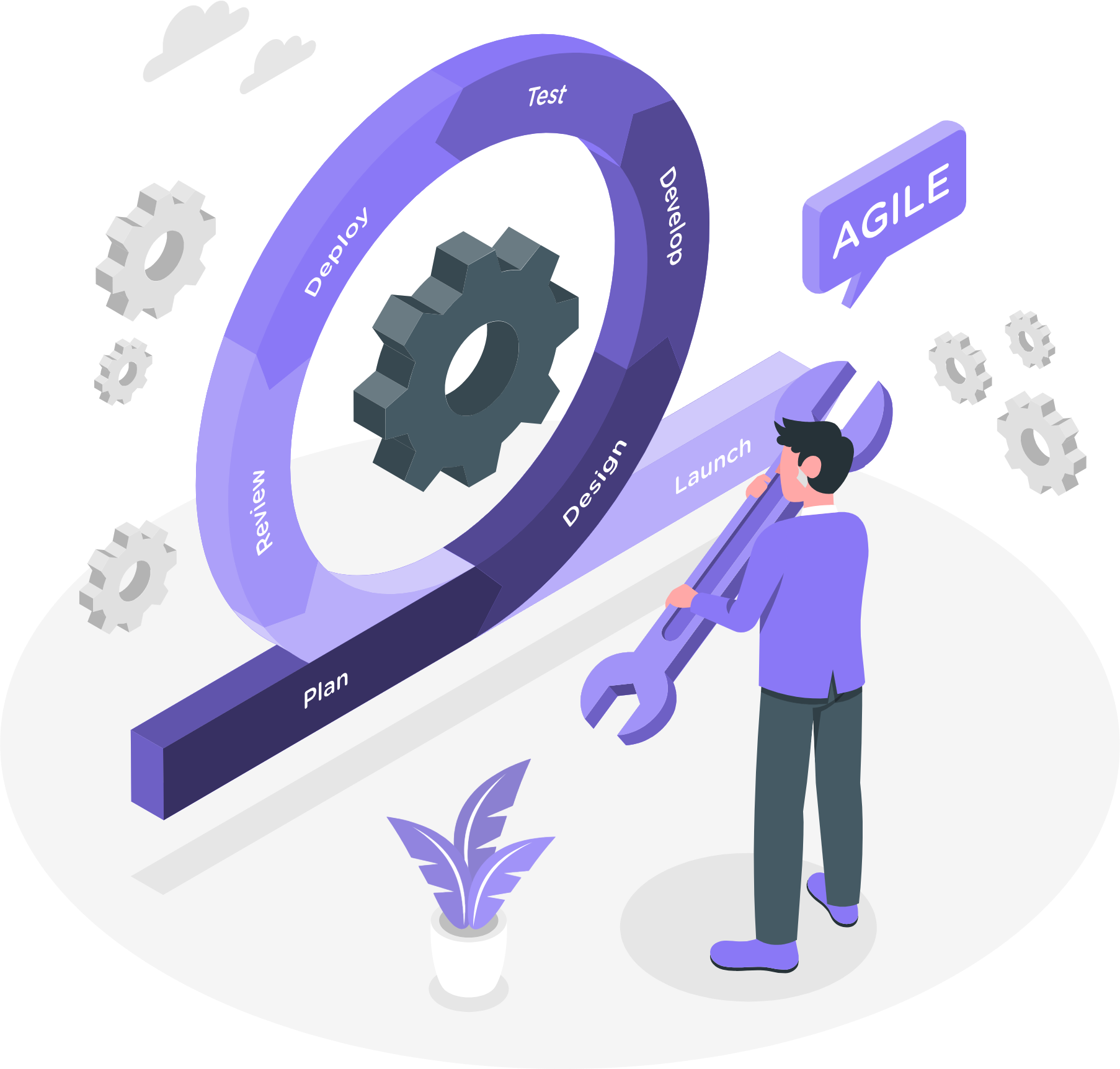 A man is holding a wrench in front of a purple circle.
