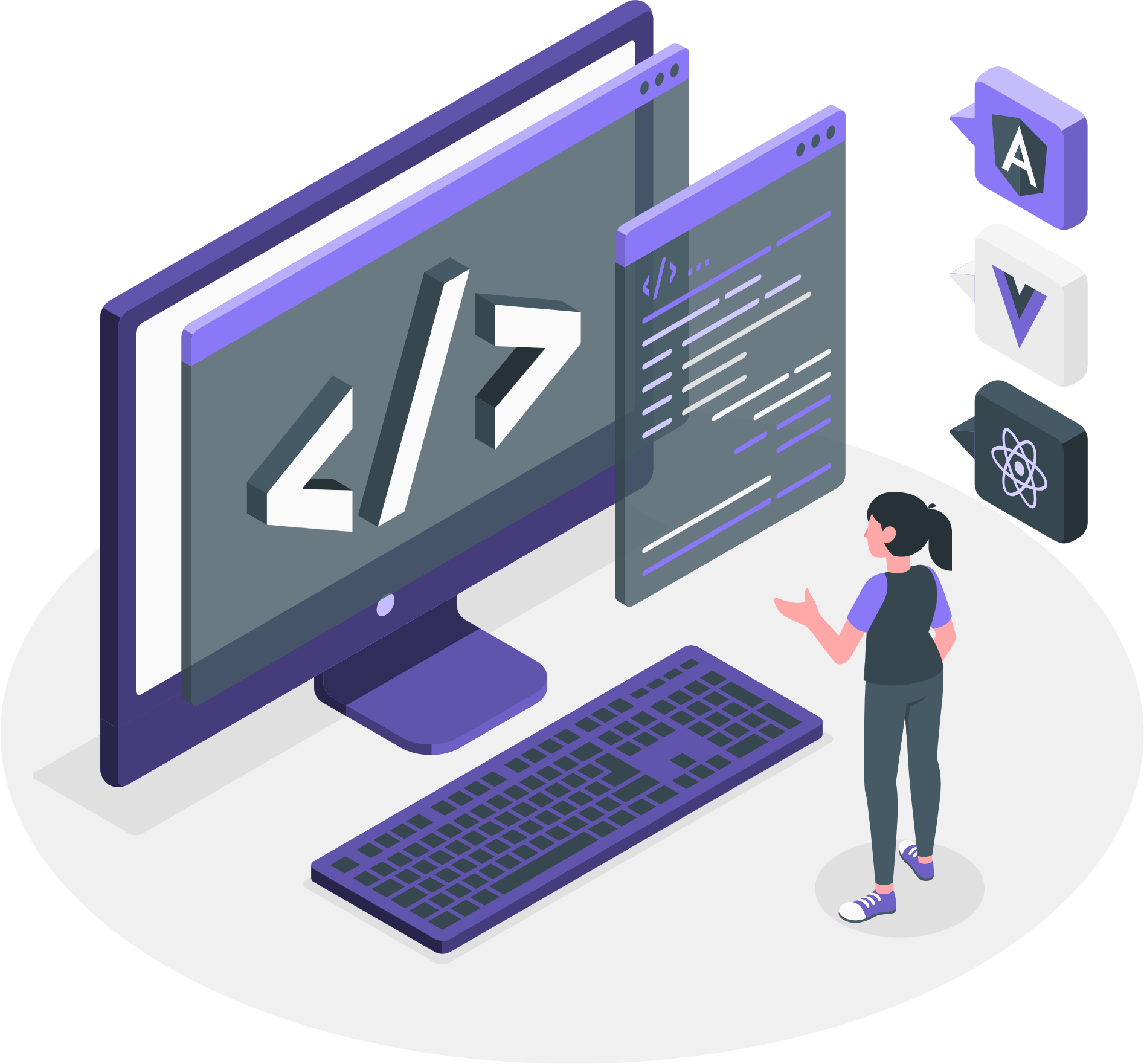An isometric illustration of a woman standing in front of a computer.