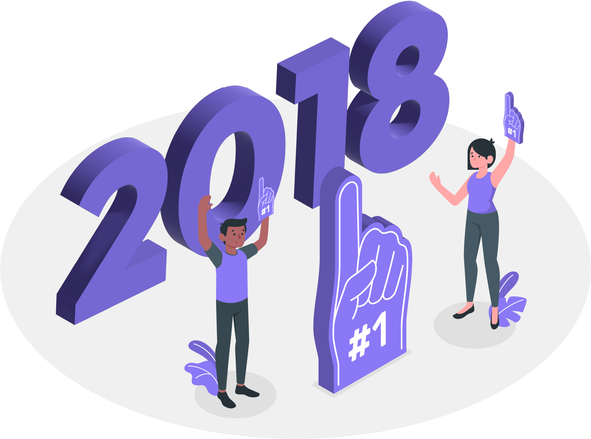 A woman is standing next to a large purple number that says 2017.