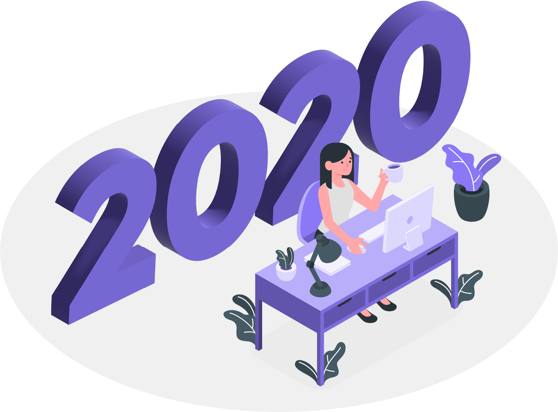 A woman is standing next to a large purple number that says 2017.