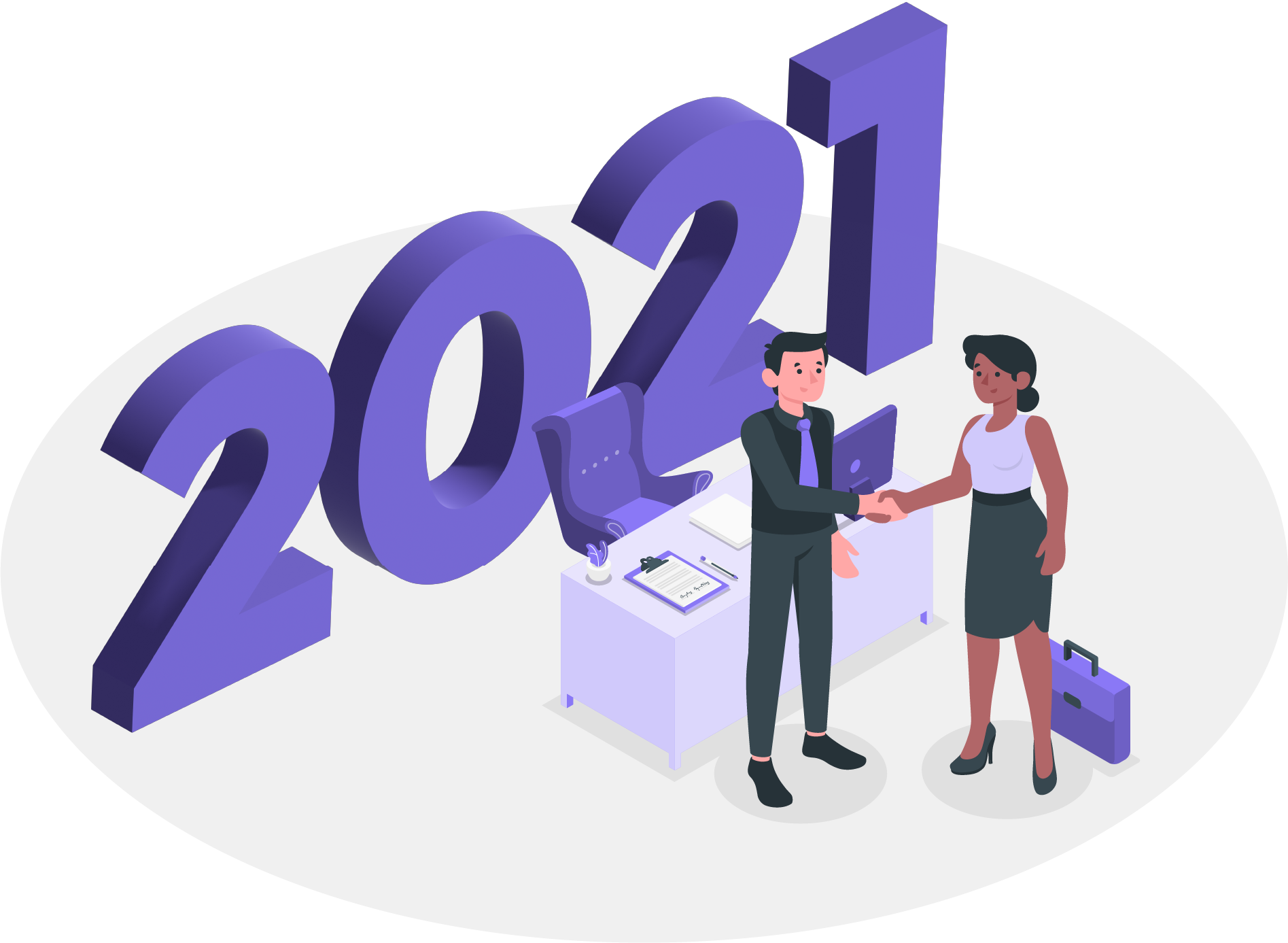 A woman is standing next to a large purple number that says 2017.