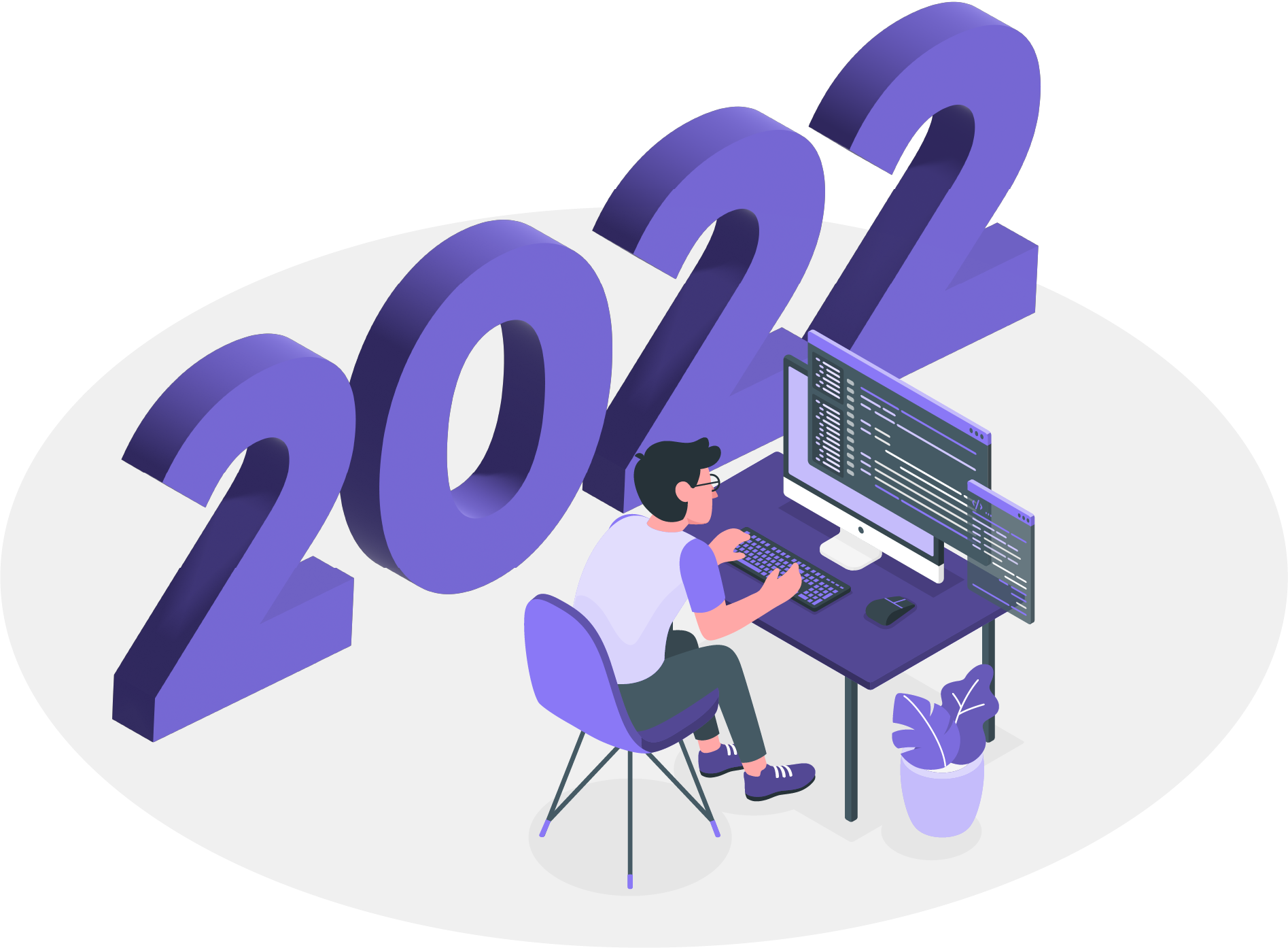 A woman is standing next to a large purple number that says 2017.