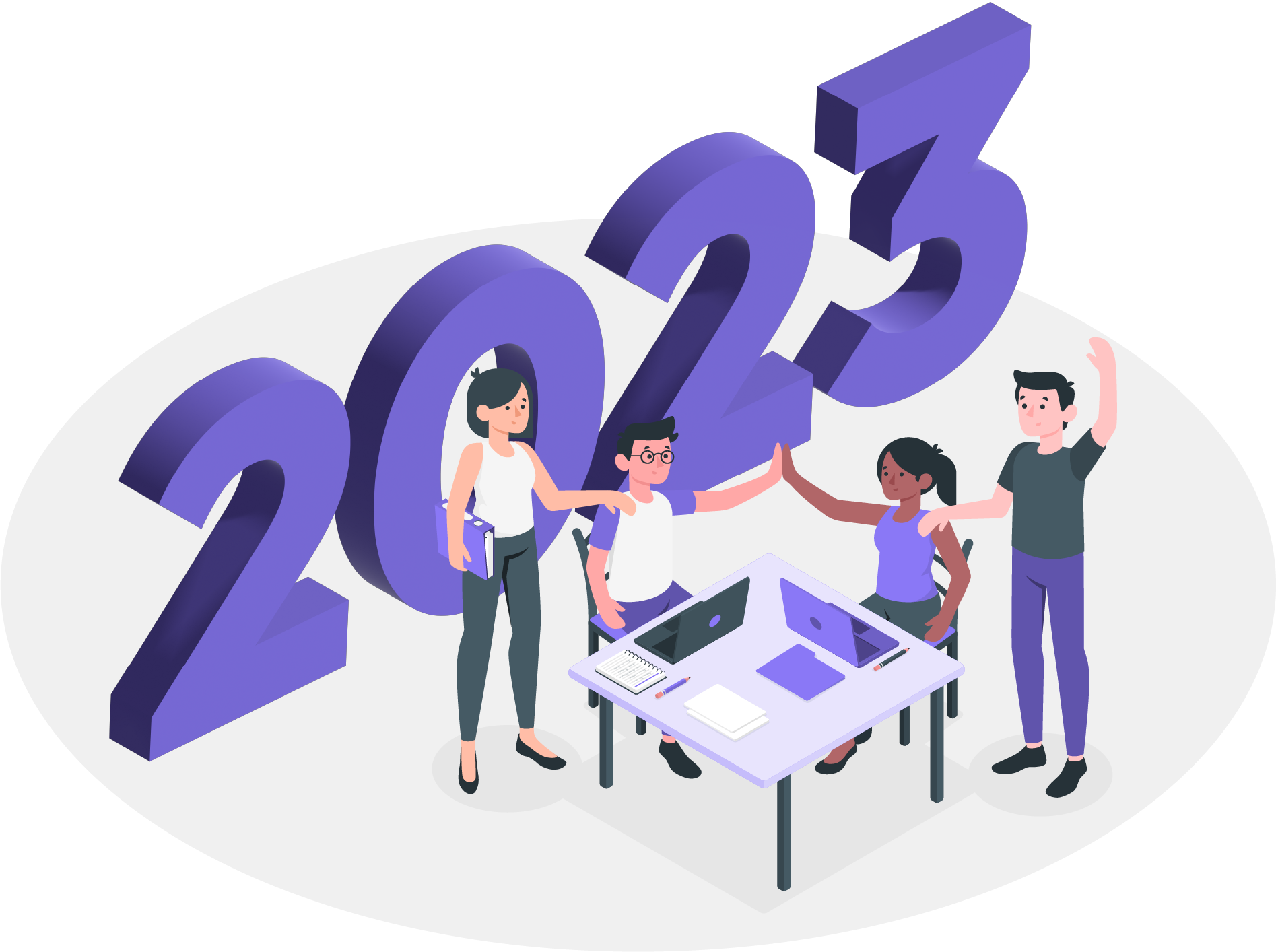 A woman is standing next to a large purple number that says 2017.