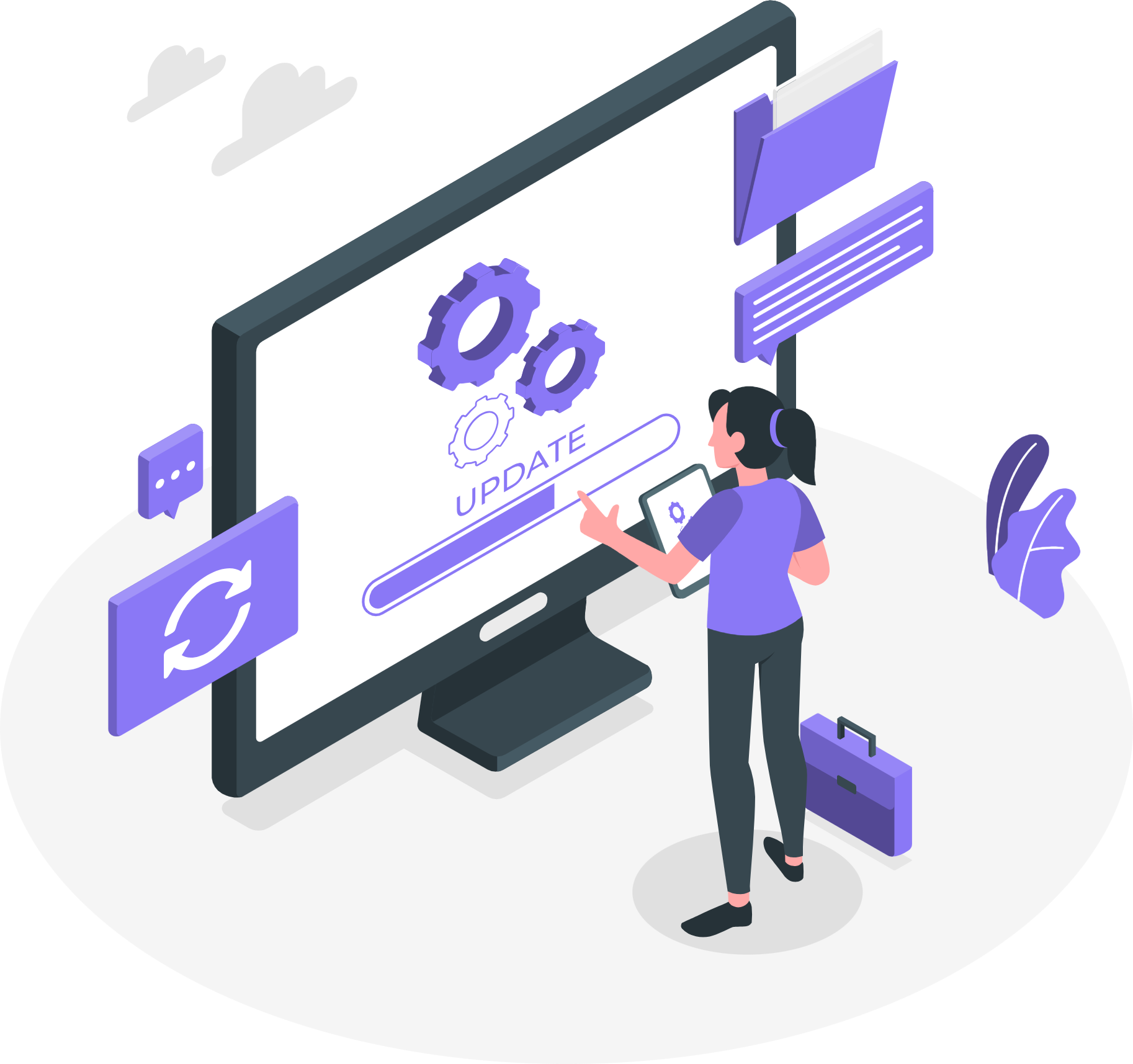 An isometric illustration of a woman standing in front of a computer monitor.