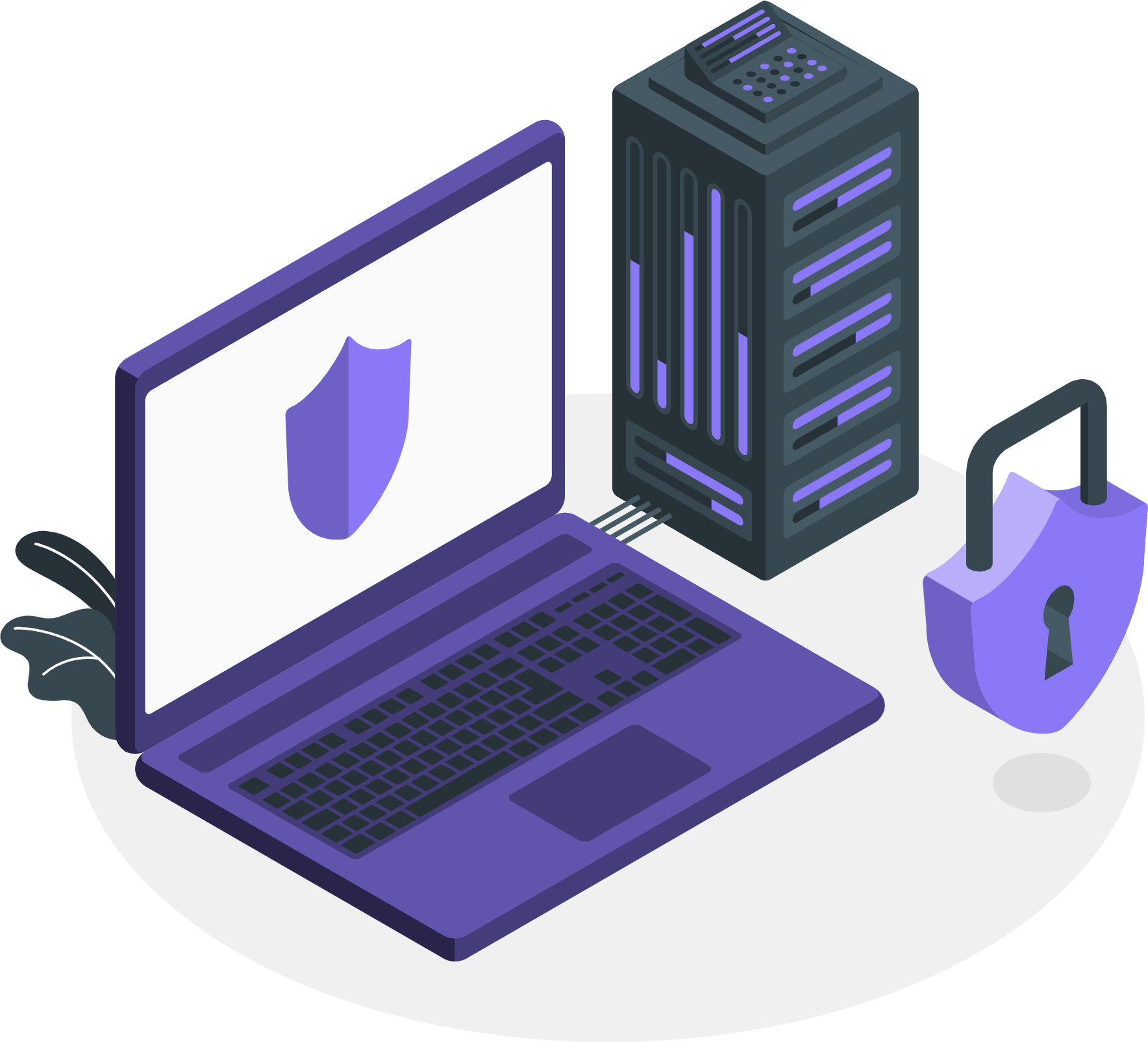 An isometric illustration of a laptop , server , and padlock.