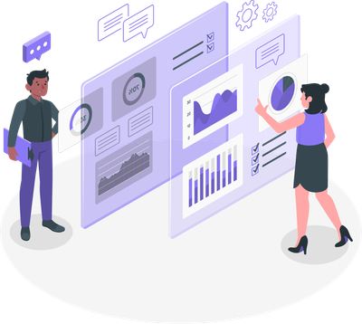 A man and a woman are standing in front of a wall with graphs on it.