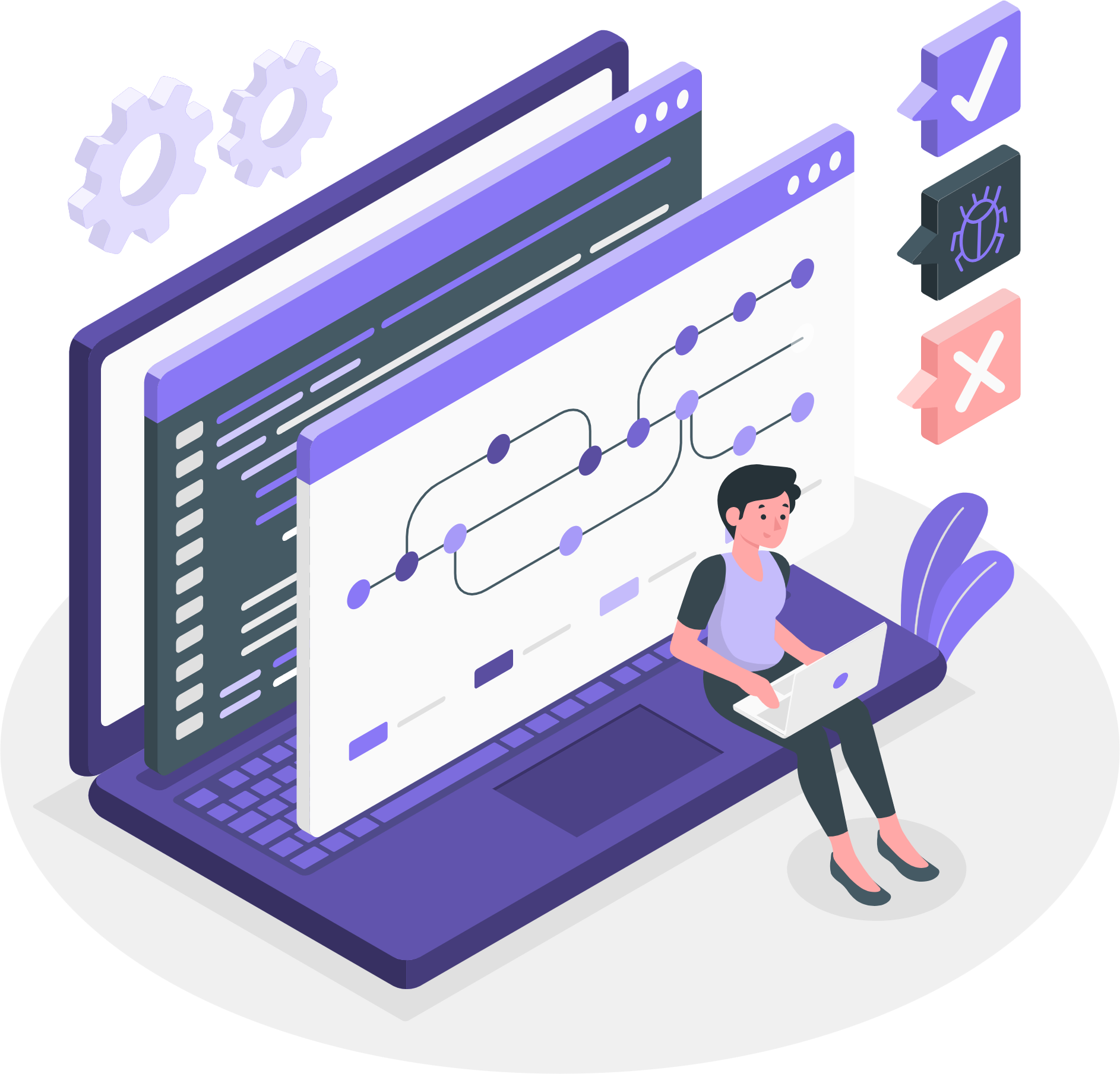 An isometric illustration of a person sitting on a laptop computer.