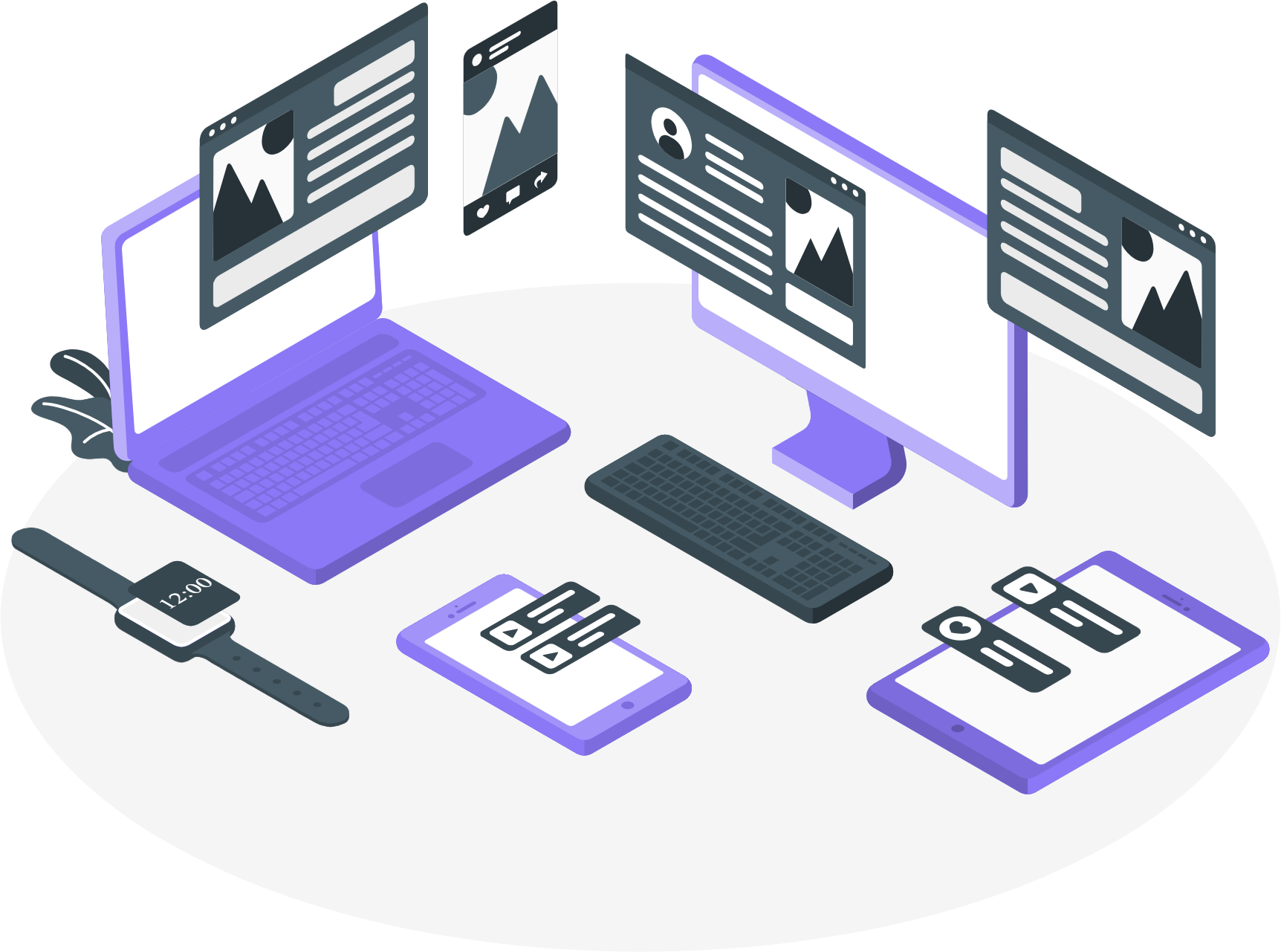 An isometric illustration of a laptop , monitor , cell phone , watch , and clipboard.