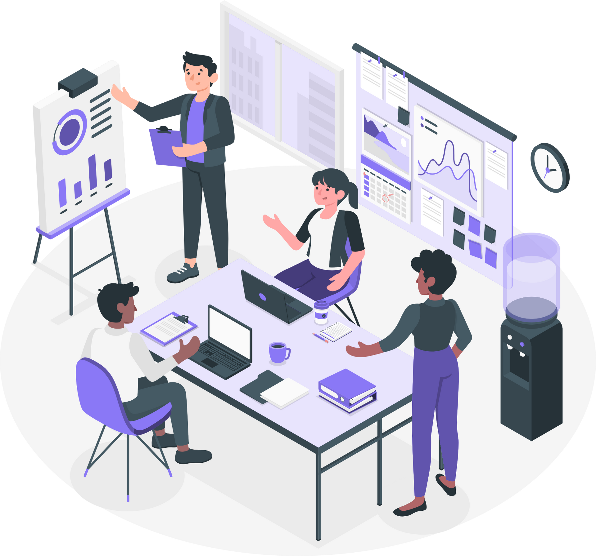 A group of people are having a meeting in an office.