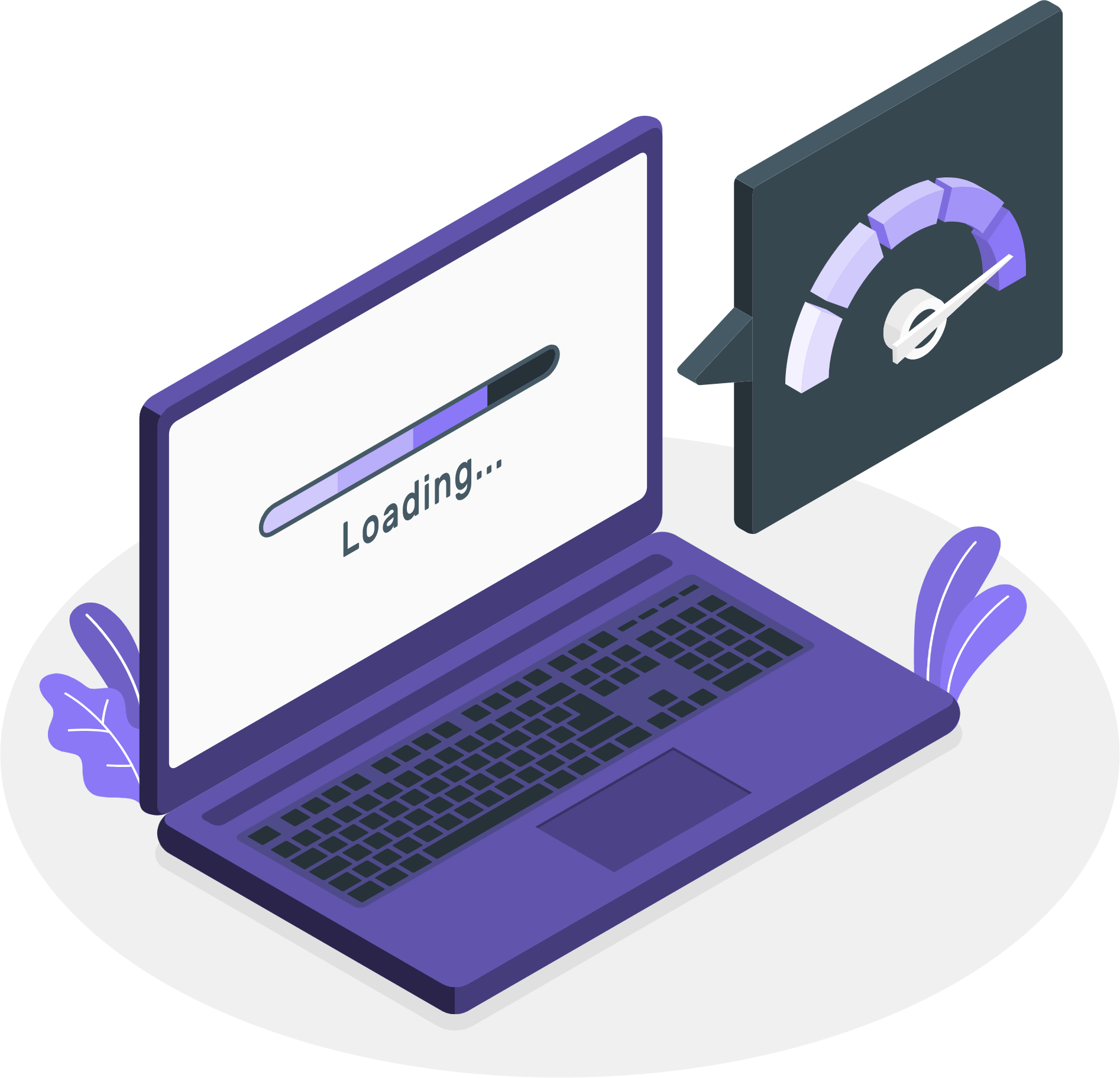 An isometric illustration of a laptop computer with a loading bar on the screen.