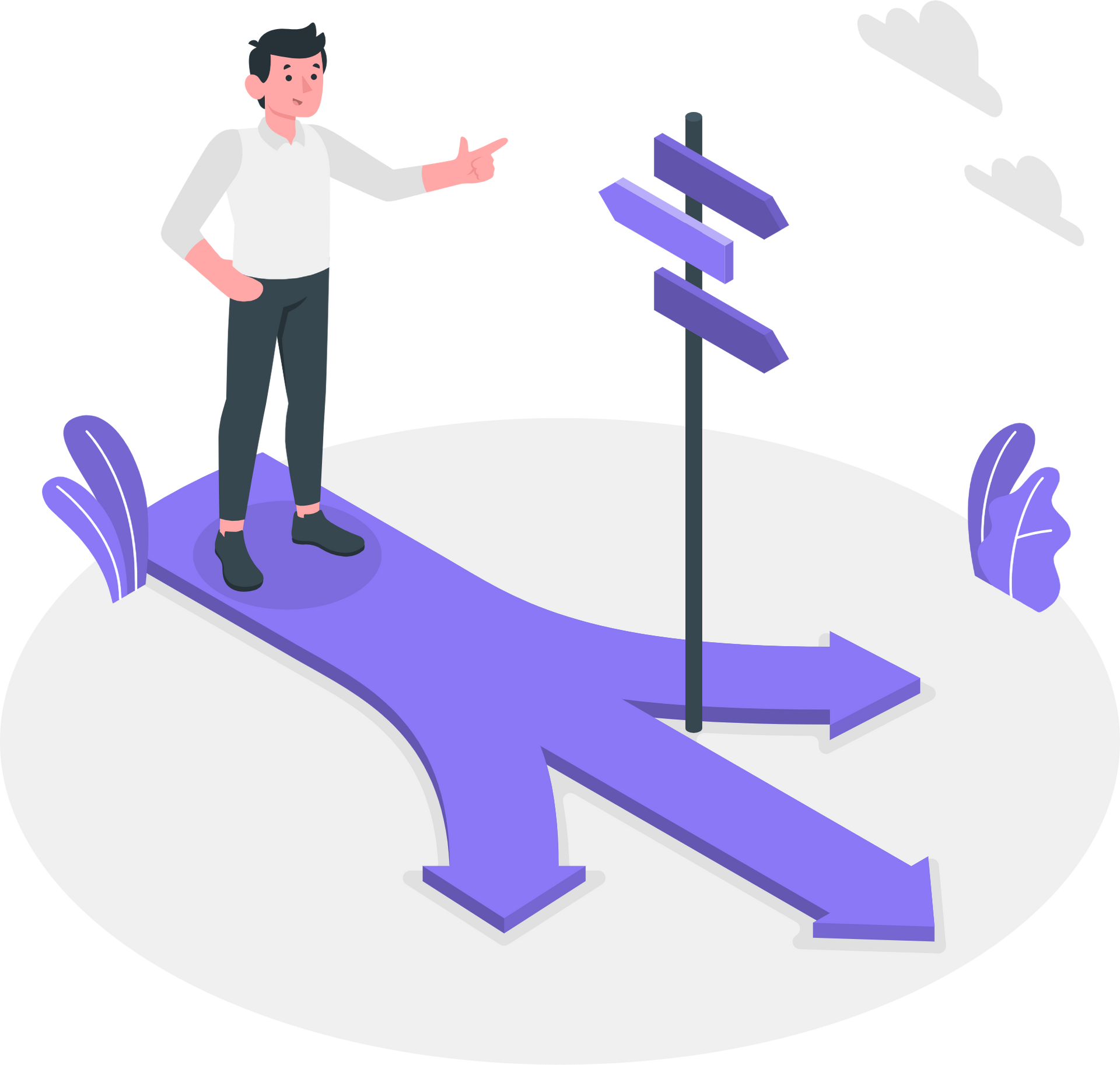 A man is standing on a purple road with arrows pointing in different directions.