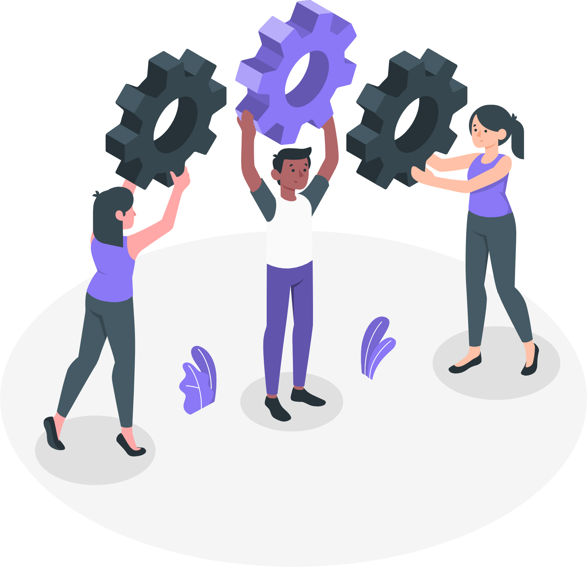 A group of people are holding gears in their hands.