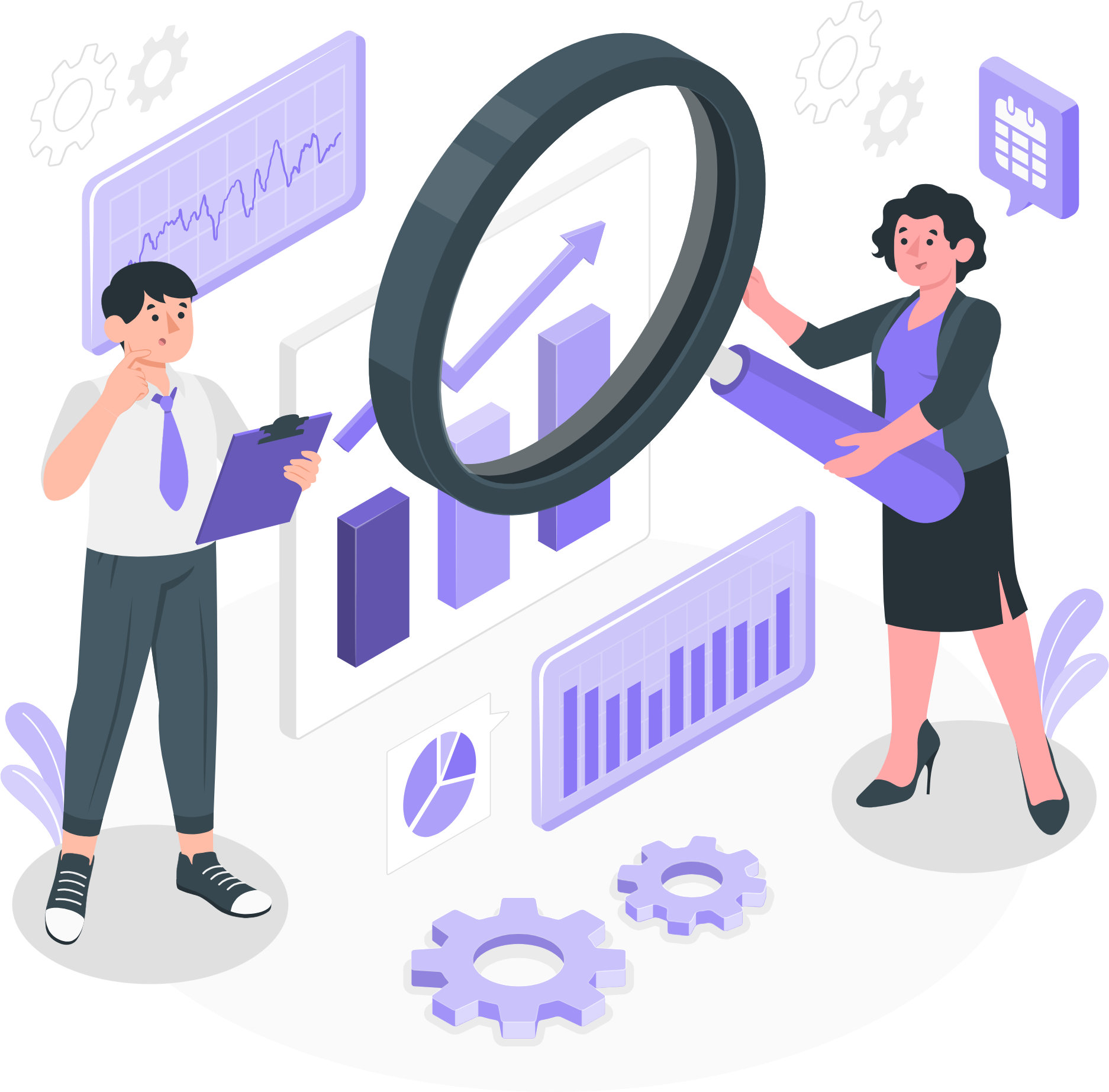 A man and a woman are looking through a magnifying glass at a graph.