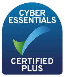 A blue sticker that says cyber essentials certified plus