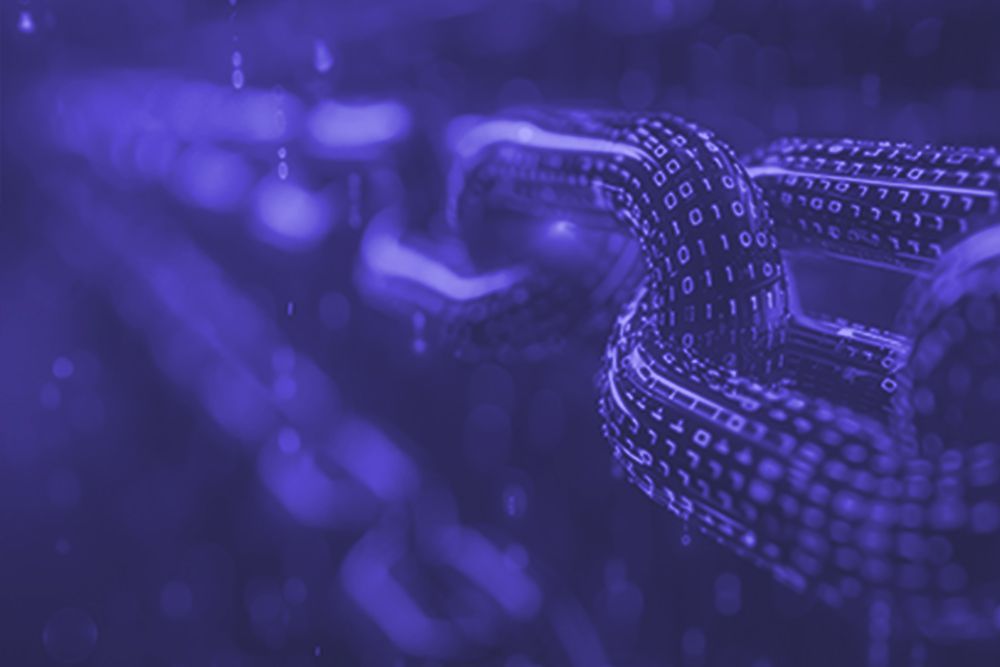 A close up of a chain made of binary code on a purple background.