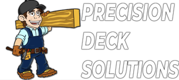 Cartoon worker holding a wood plank beside the text “Precision Deck Solutions”