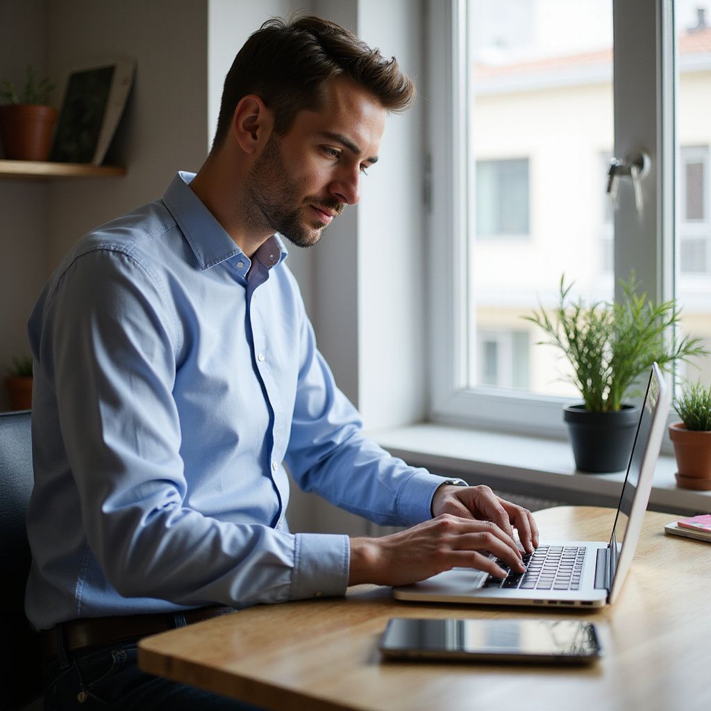 Man typing on laptop at a wooden desk near a window, natural light.