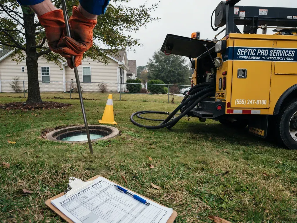 Worker lowering hose into open manhole beside yellow septic service truck on grassy lawn