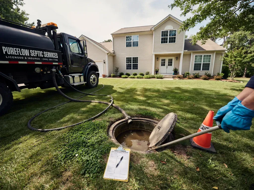 Worker clearing a clogged yard drain beside a house, with a vacuum truck and hose nearby.