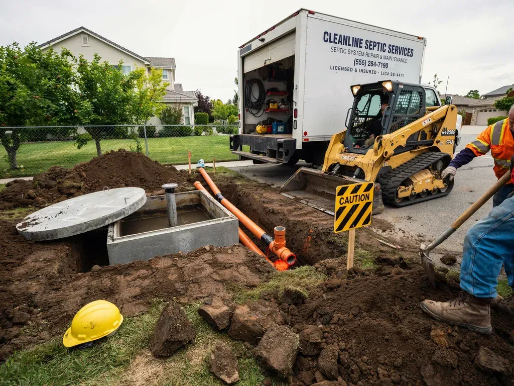 Utility workers repair a roadside trench with a skid steer, truck, and orange pipes in a neighborhood.