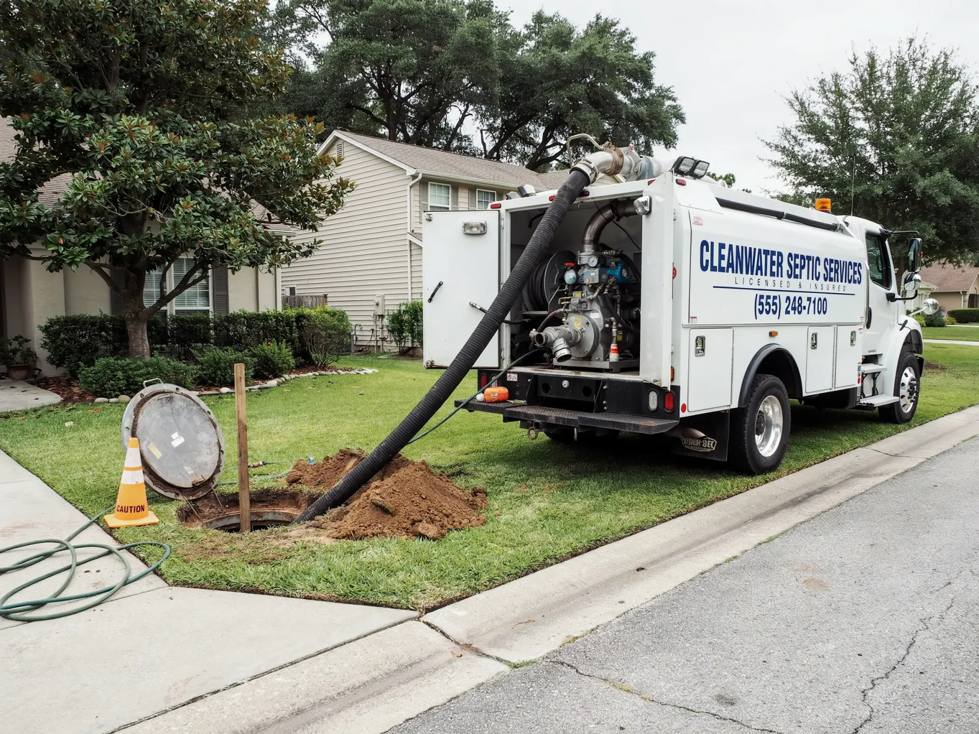 White utility truck parked on a suburban lawn, repairing an underground leak beside a curb and sidewalk