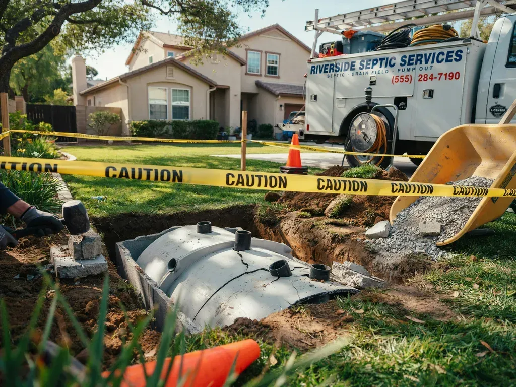 Workers at a utility trench beside a house, with caution tape and a service truck nearby