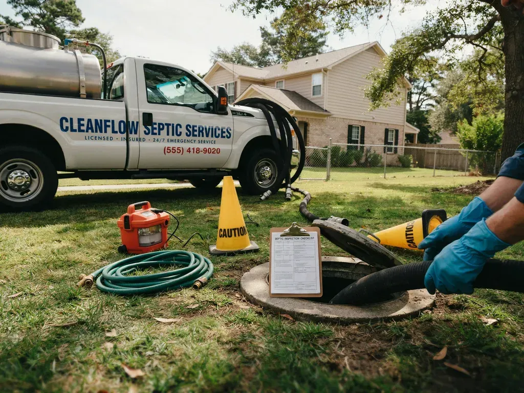 Worker cleaning a yard drain beside a white service truck, hoses and equipment on the grass.