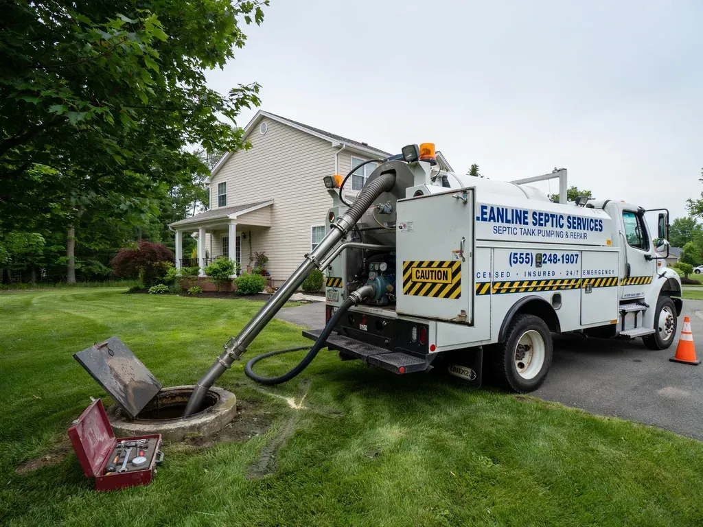 Utility truck vacuuming grass beside a house, with hose and red collection bin in a yard.